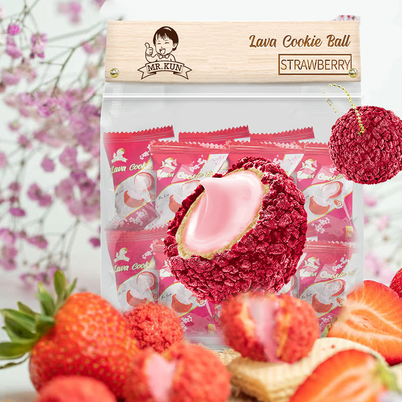 Thumbnail: Mr. Kun's Lava Cookie Ball Strawberry Flavor in individual packaging with flowers in the background