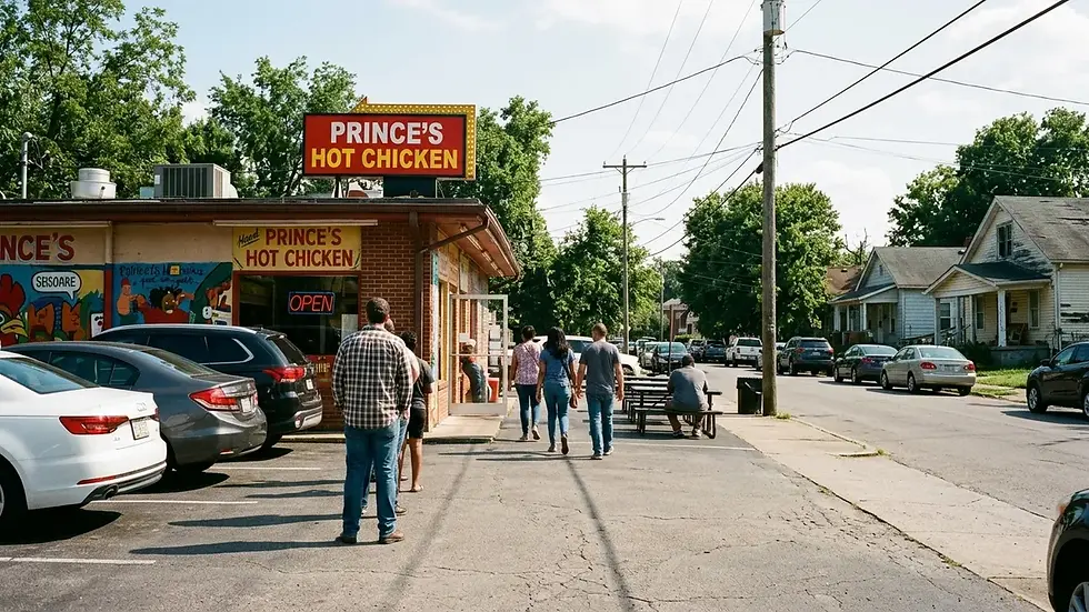 Nashville hot chicken restaurant exterior in neighborhood setting near Centennial Blvd
