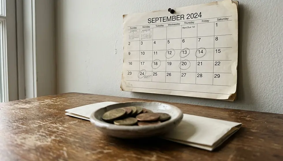 Wall calendar with circled booking dates and brass coins on a wood table representing short-term rental platform and pricing strategy decisions