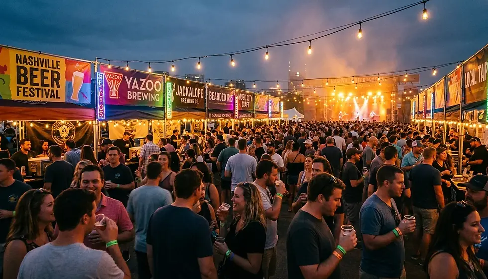 Crowd at Nashville beer festival with vendor booths, colorful lighting, and craft beer samples