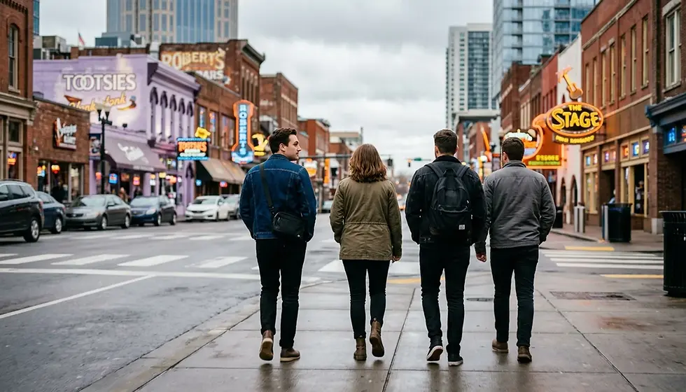 Group walking through the areas of Nashville along Lower Broadway toward the Gulch