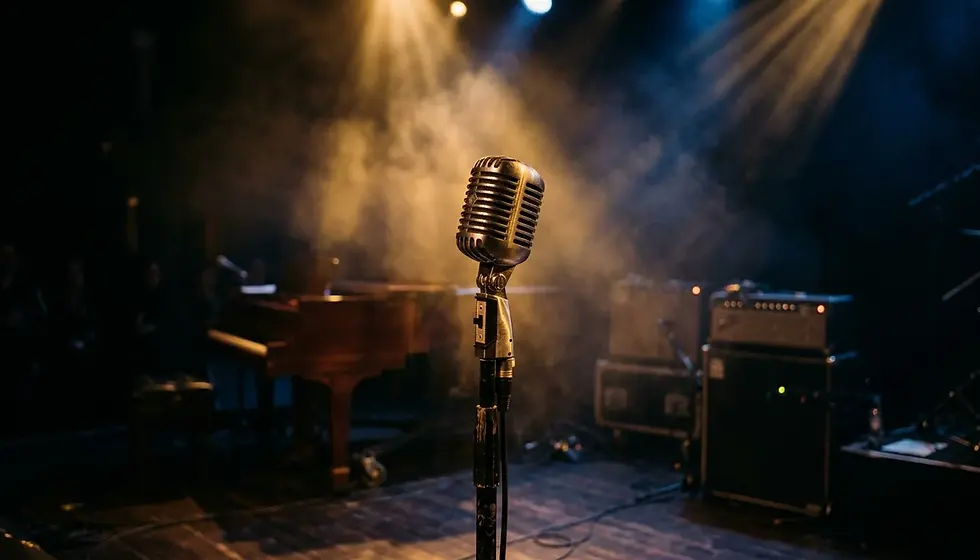 Vintage microphone on concert stage with golden lighting representing Bruno Mars music legacy