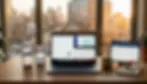 Multiple devices displaying STR websites and booking platforms on desk with golden hour lighting - short-term rental website comparison.