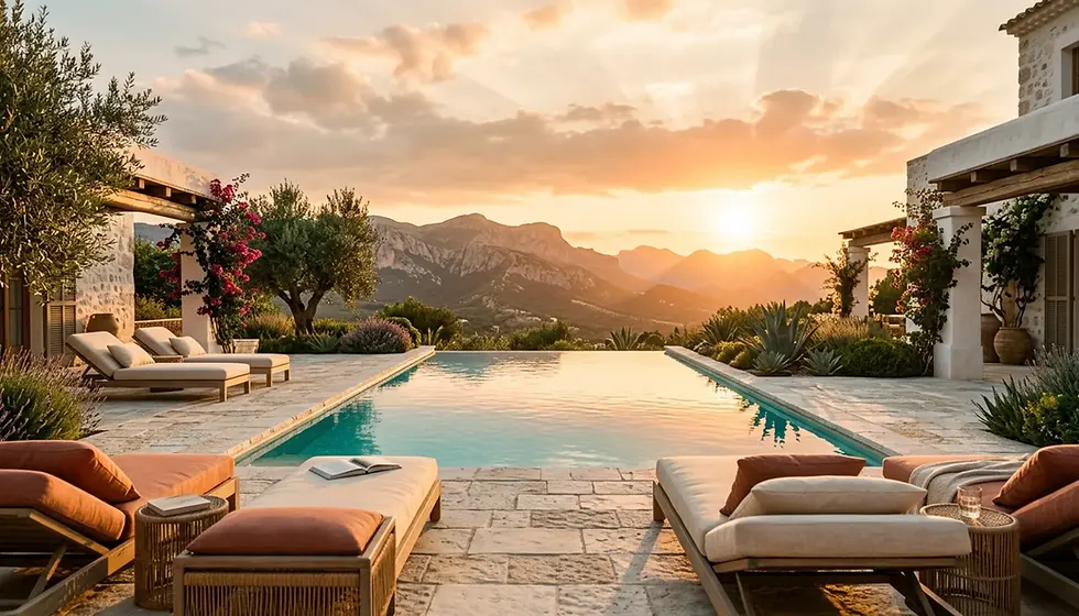 Luxury vacation rental property at sunset showing pool terrace and mountain views for increasing rental revenue