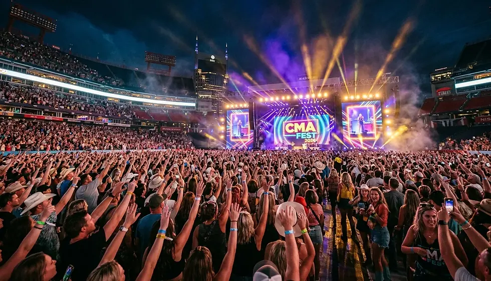 CMA Fest 2026 crowd at Nissan Stadium Nashville with stage lights and LED screens