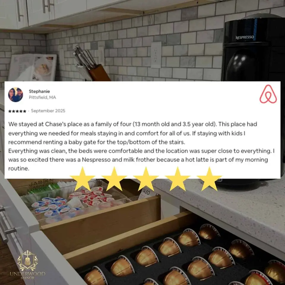 Underwood Manor kitchen with Nespresso machine and subway tile, a perk when asking is Airbnb worth it for guests