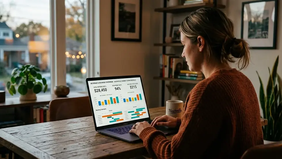 Nashville vacation rental owner reviewing revenue dashboard showing how to increase vacation rental revenue