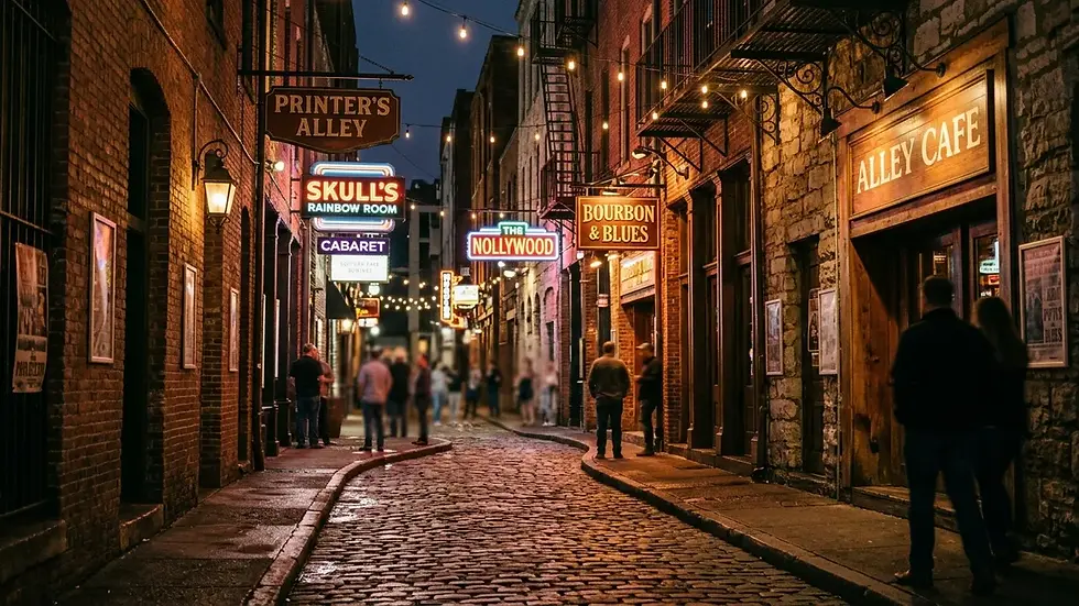 Nashville Tennessee Printers Alley at night with historic architecture and live music venues