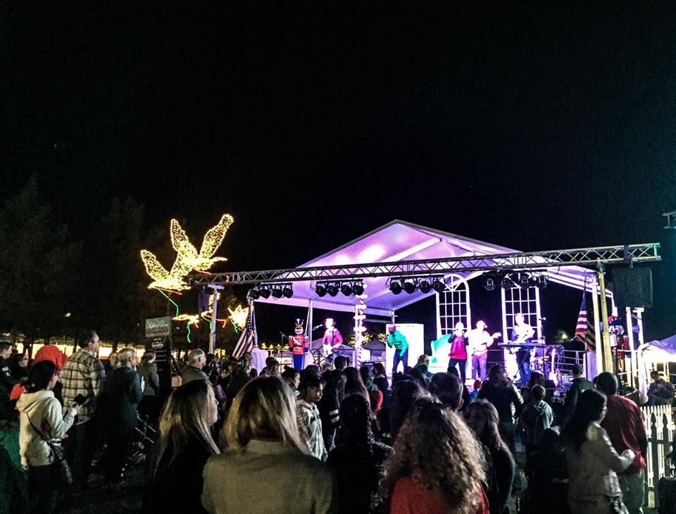 Crowd watching San Antonio wedding bands perform on a lit stage at night, with illuminated bird shapes in the background. Festive and lively atmosphere.