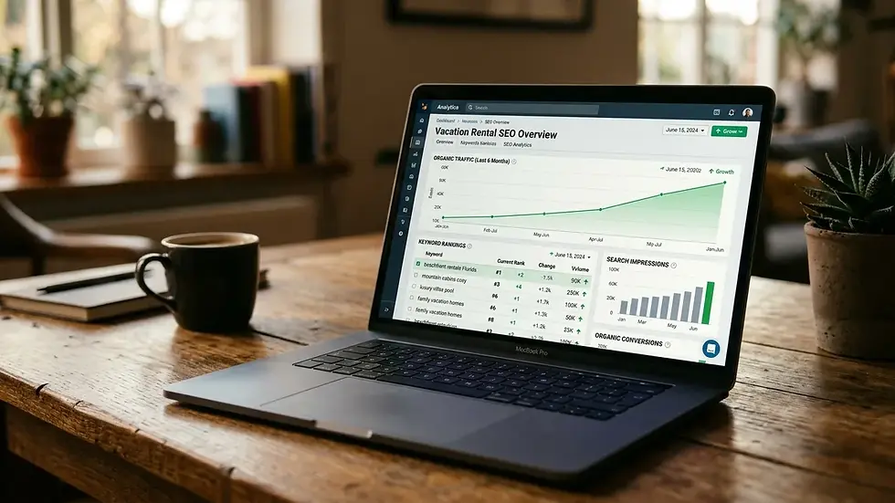Google Business Profile optimization analytics dashboard showing rising organic traffic for Charleston vacation rental