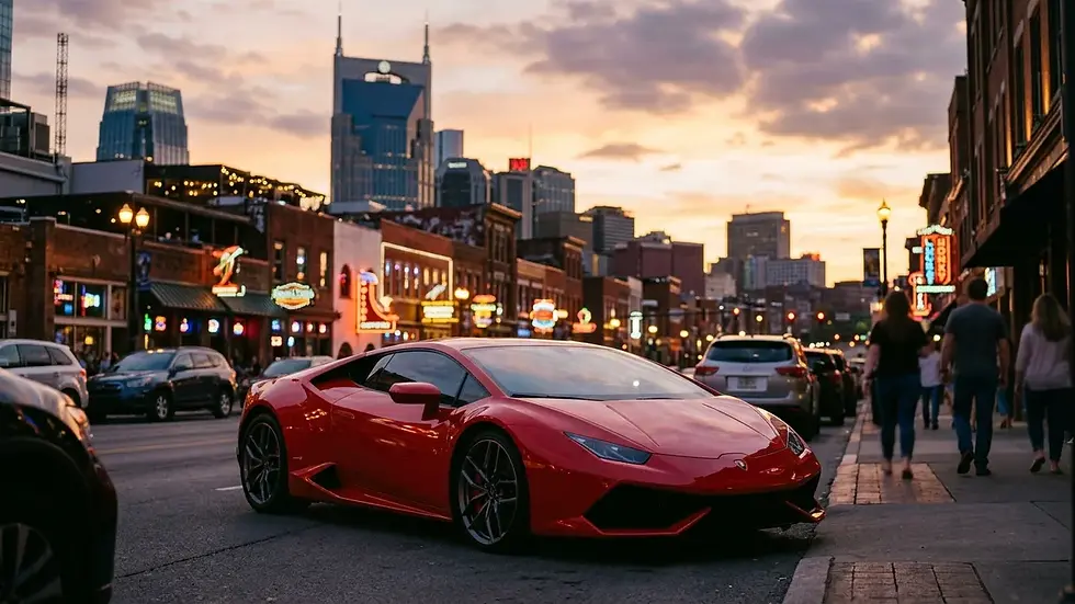 luxury car rentals Nashville exotic vehicle downtown backdrop