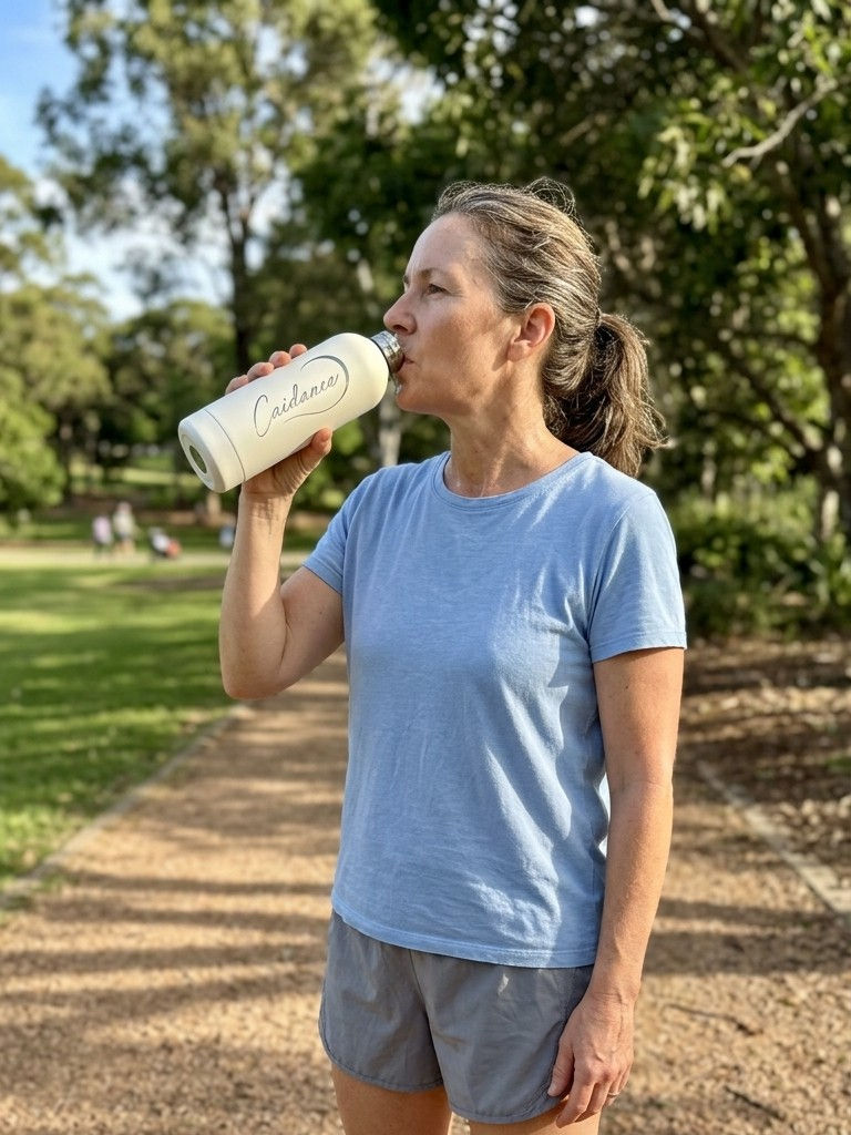 Mother drinking from personalised drink bottle