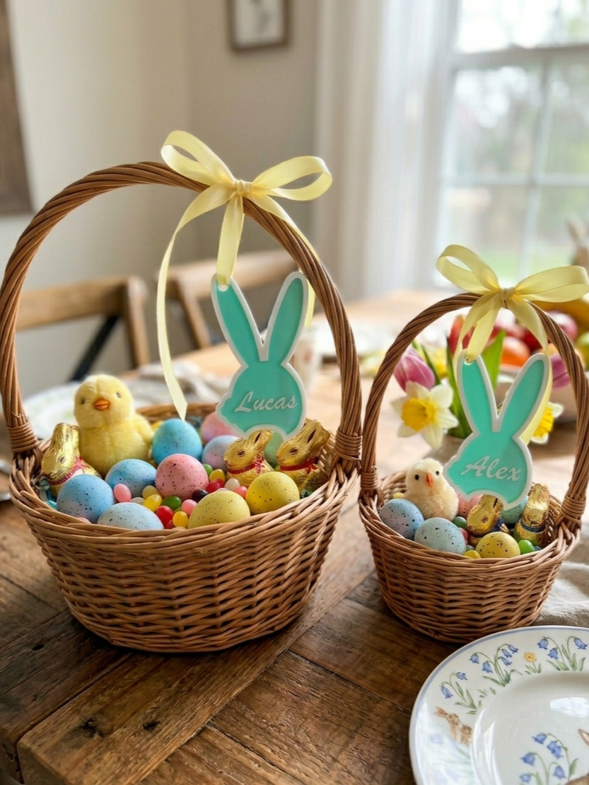 Thumbnail: Personalised Easter Bunny gift tags displayed on Easter baskets ready for Easter morning