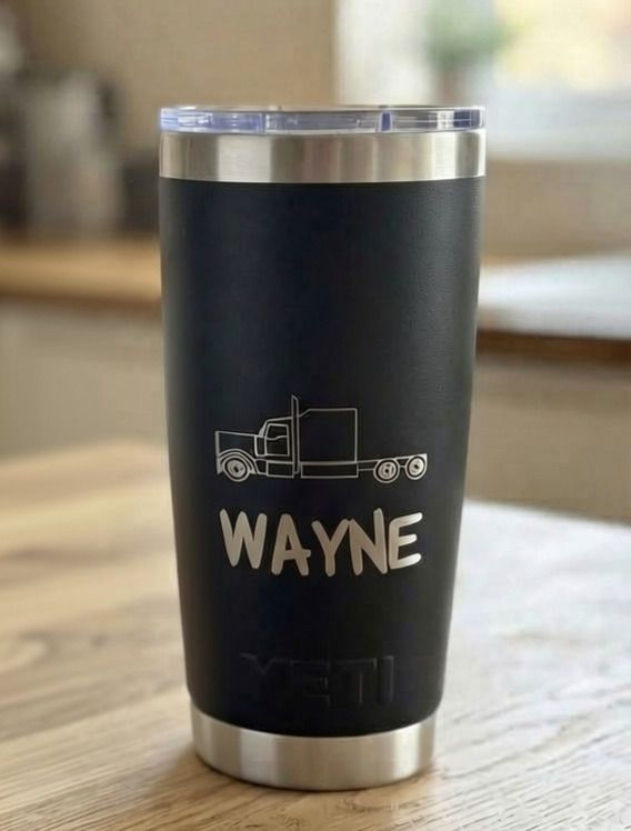 20oz black YETI Rambler Tumbler with name and truck image