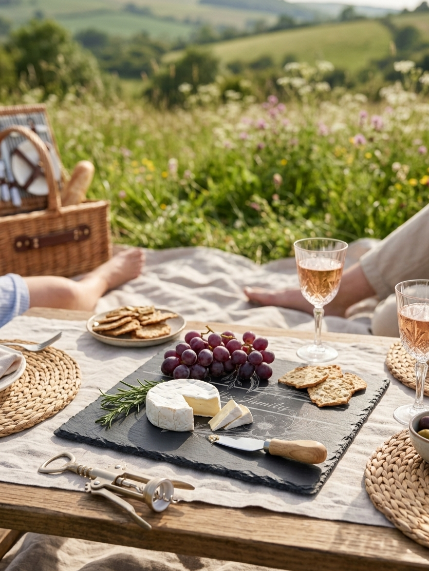 Thumbnail: Engraved square slate grazing board used at outdoor picnic setting