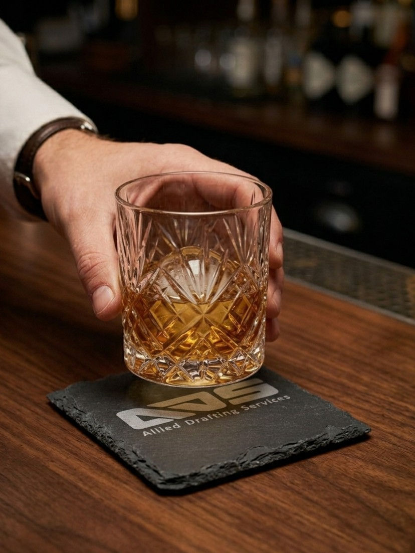 Thumbnail: Premium engraved slate coaster with company logo supporting a whisky glass