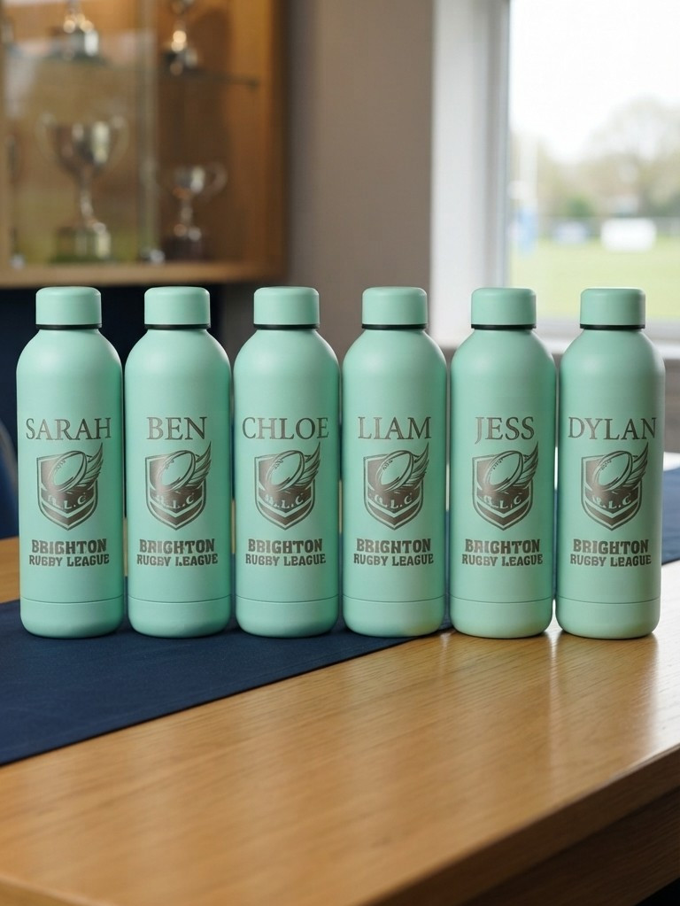 Sporting club fundraising display with personalised drink bottles