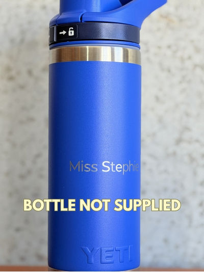 BYO 18oz blue Yeti Rambler bottle engraved with teacher name