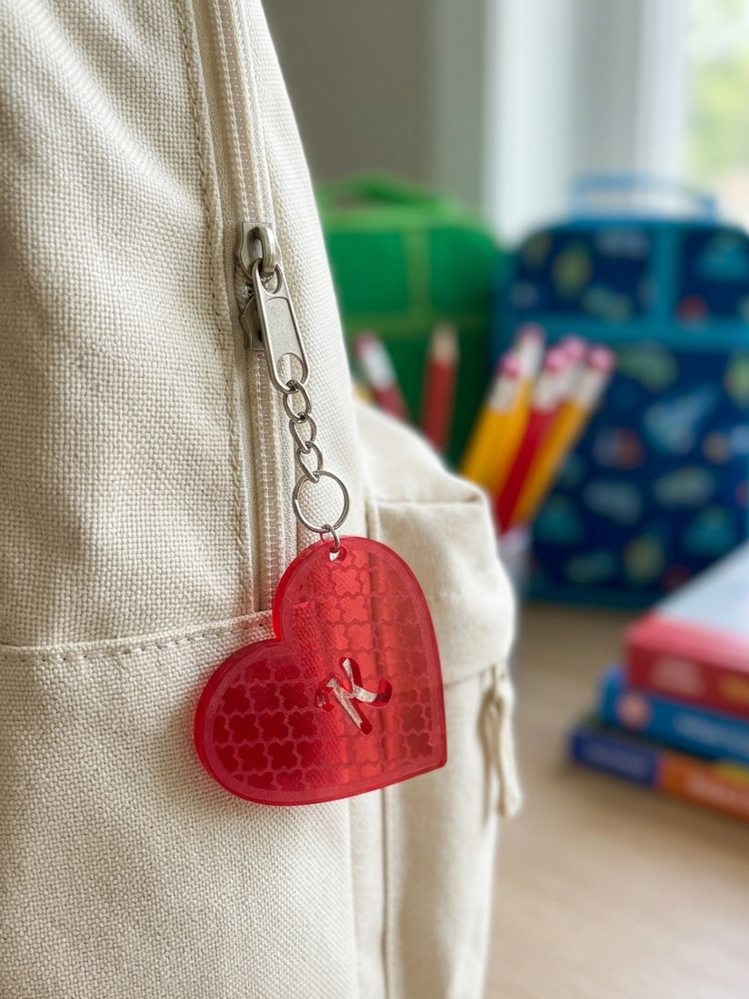 Custom heart keyring attached to school bag