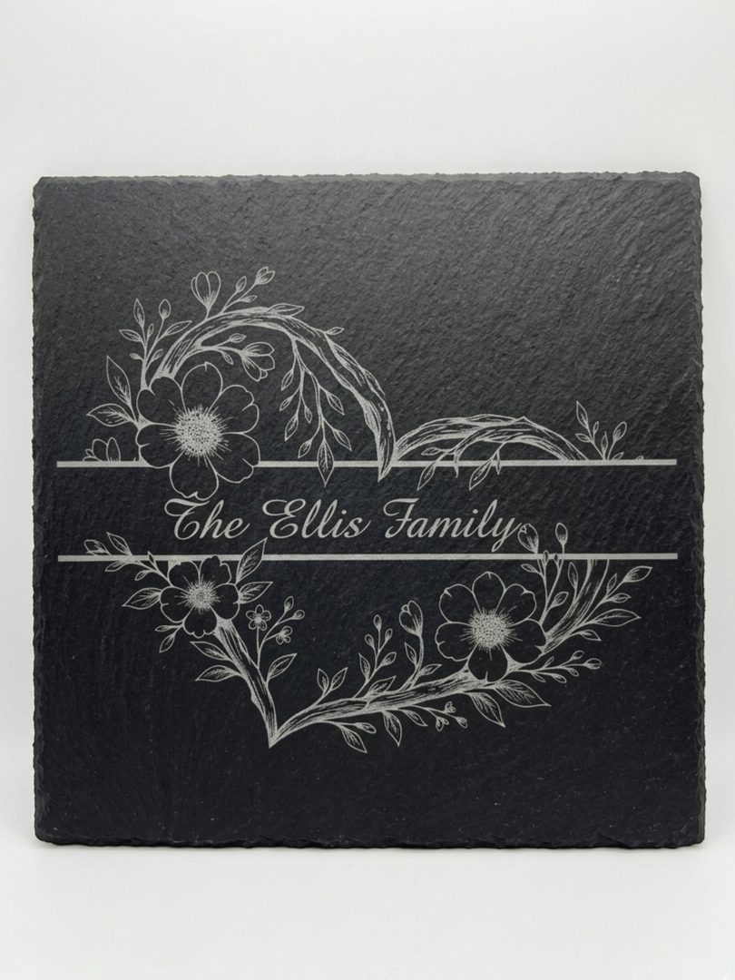 Thumbnail: Personalised engraved 33cm square slate serving board on white background