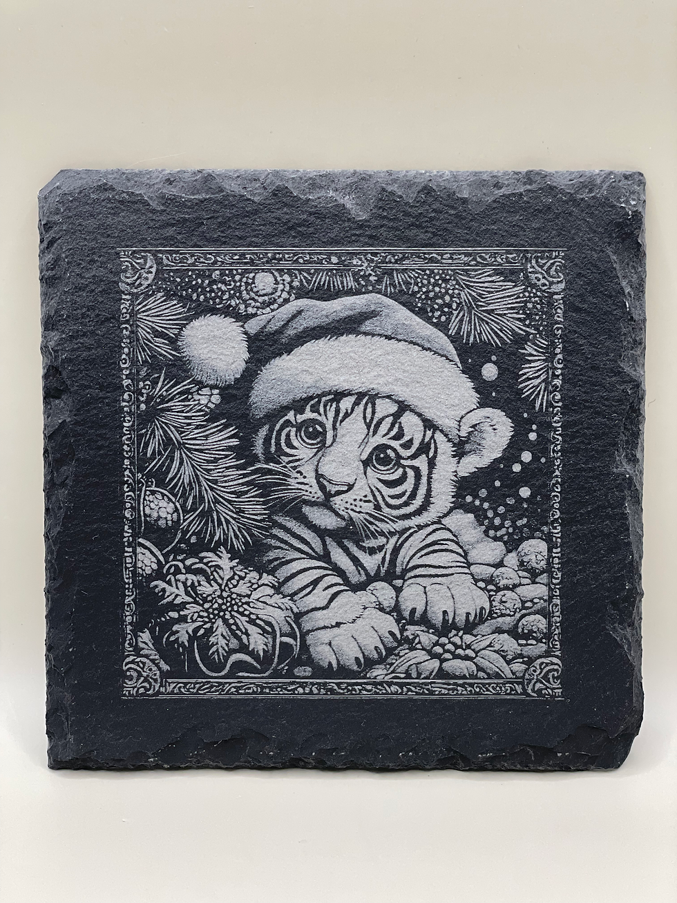 Slate Coasters Engraved with Christmas Images - Tiger Cub