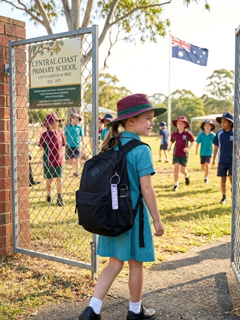 Purple and white name bag tag attached to school backpack