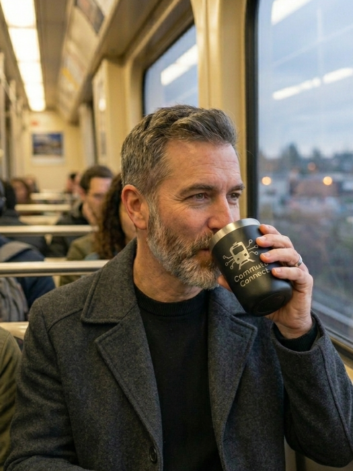 Branded engraved travel mug used by a customer during their morning commute
