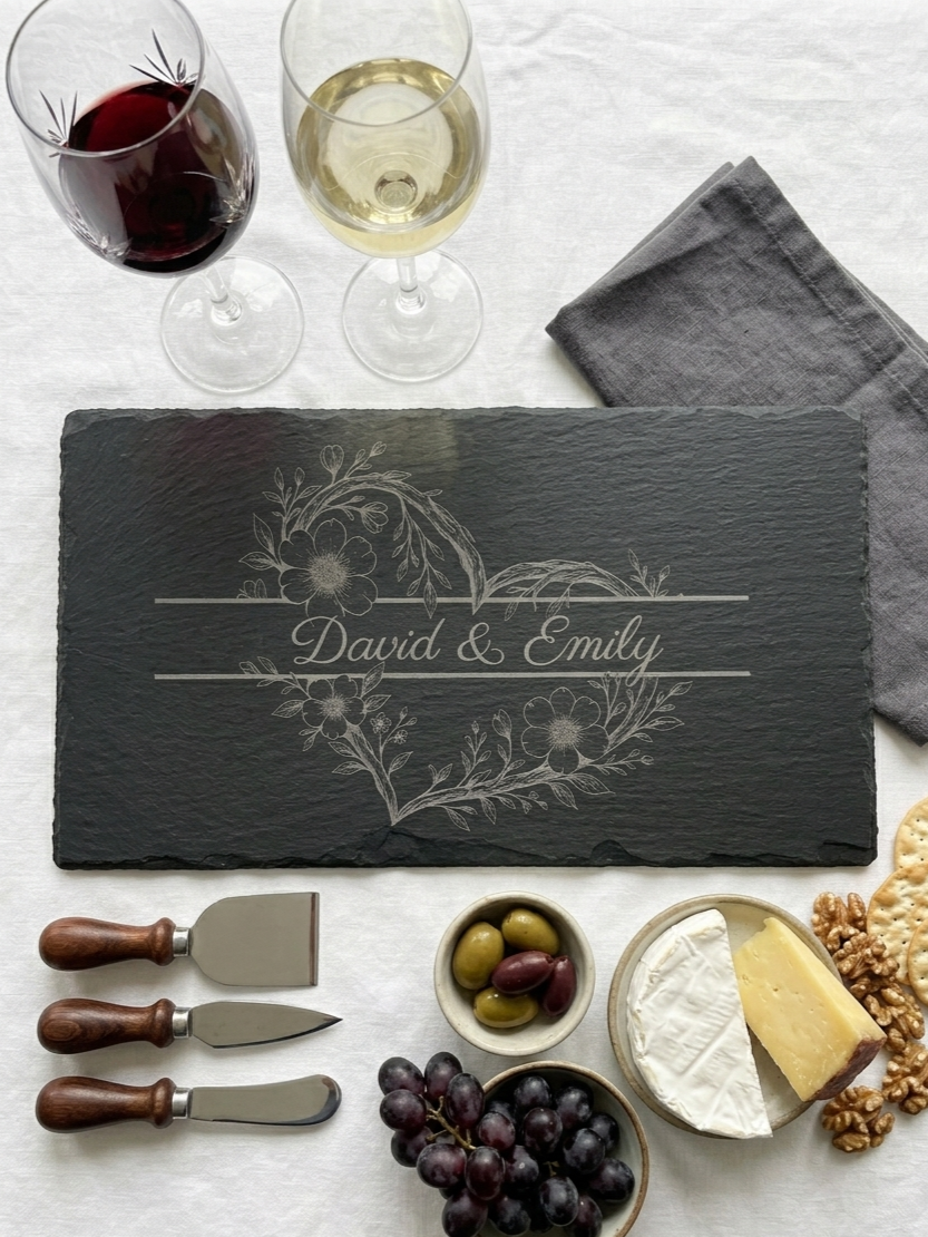 Thumbnail: Personalised slate grazing board styled with wine glasses, cheese knives and entertaining accessories