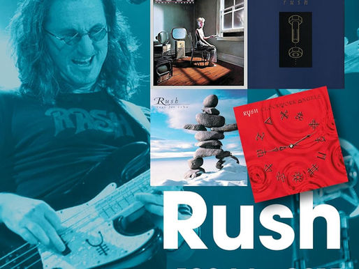 Cover of Rush 1984 to 2015: Every Album, Every Song by Richard James featuring a teal-toned image of Geddy Lee playing bass, with Rush album covers including Power Windows, Hold Your Fire, Test for Echo, and Clockwork Angels, and the text “Rush 1984 to 2015 every album, every song.”