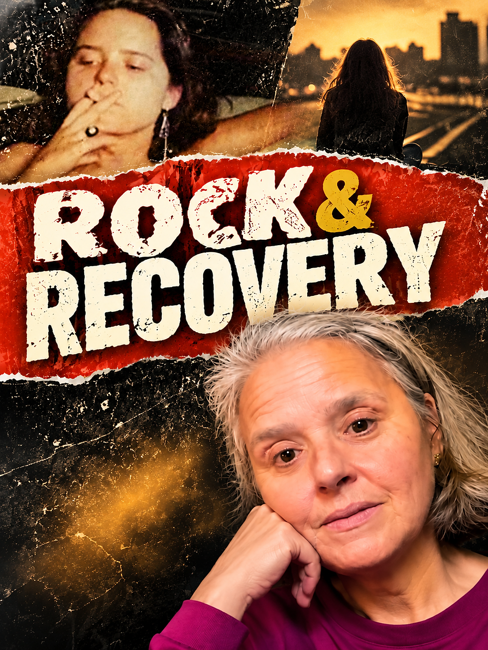 Erica Kent featured in a gritty rock-themed collage with a younger woman smoking, a silhouetted figure against a Boston skyline, and bold text reading “ROCK & RECOVERY.”
