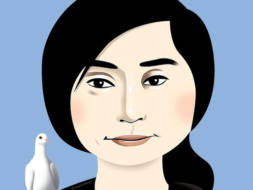 Book cover of In Your Mind: The Infinite Universe of Yoko Ono by Madeline Bocaro featuring illustrated Yoko Ono portrait