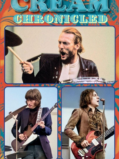 Book cover featuring the band Cream with live performance photos of drummer Ginger Baker, guitarist Eric Clapton, and bassist Jack Bruce, with the title “Cream Chronicled” and author Nettie Baker displayed at the bottom.
