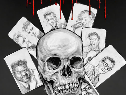 Cover of Rock ’N’ Roll Ghosts by Mark Slade featuring a skull surrounded by illustrated portraits of early rock legends beneath dripping red title text.