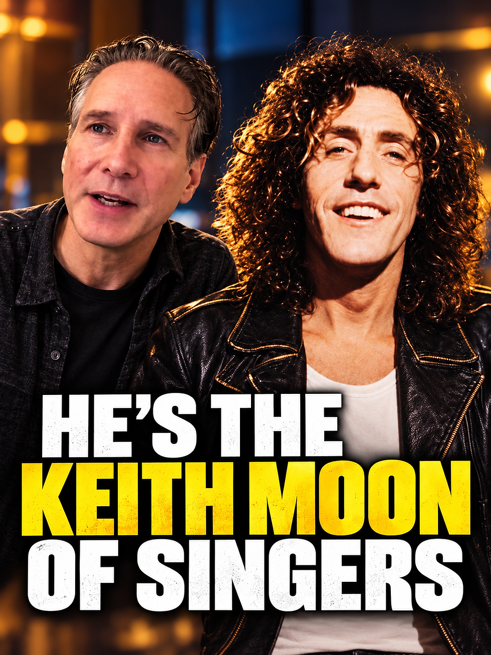 Don Henze beside a smiling Roger Daltrey with the headline, “He’s the Keith Moon of singers,” against a warmly lit studio background.
