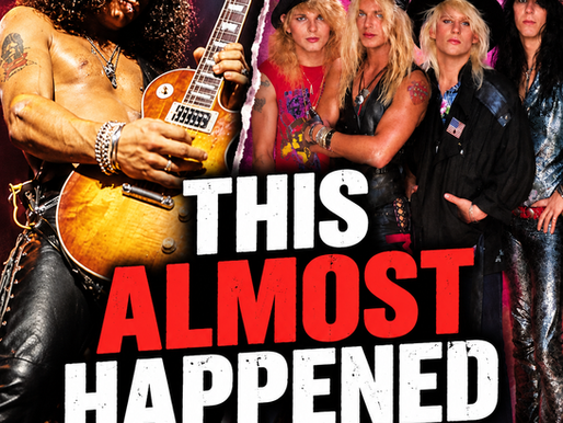 Slash playing guitar beside Poison with bold “This Almost Happened” text, illustrating a rock history what-if about Slash nearly joining Poison.