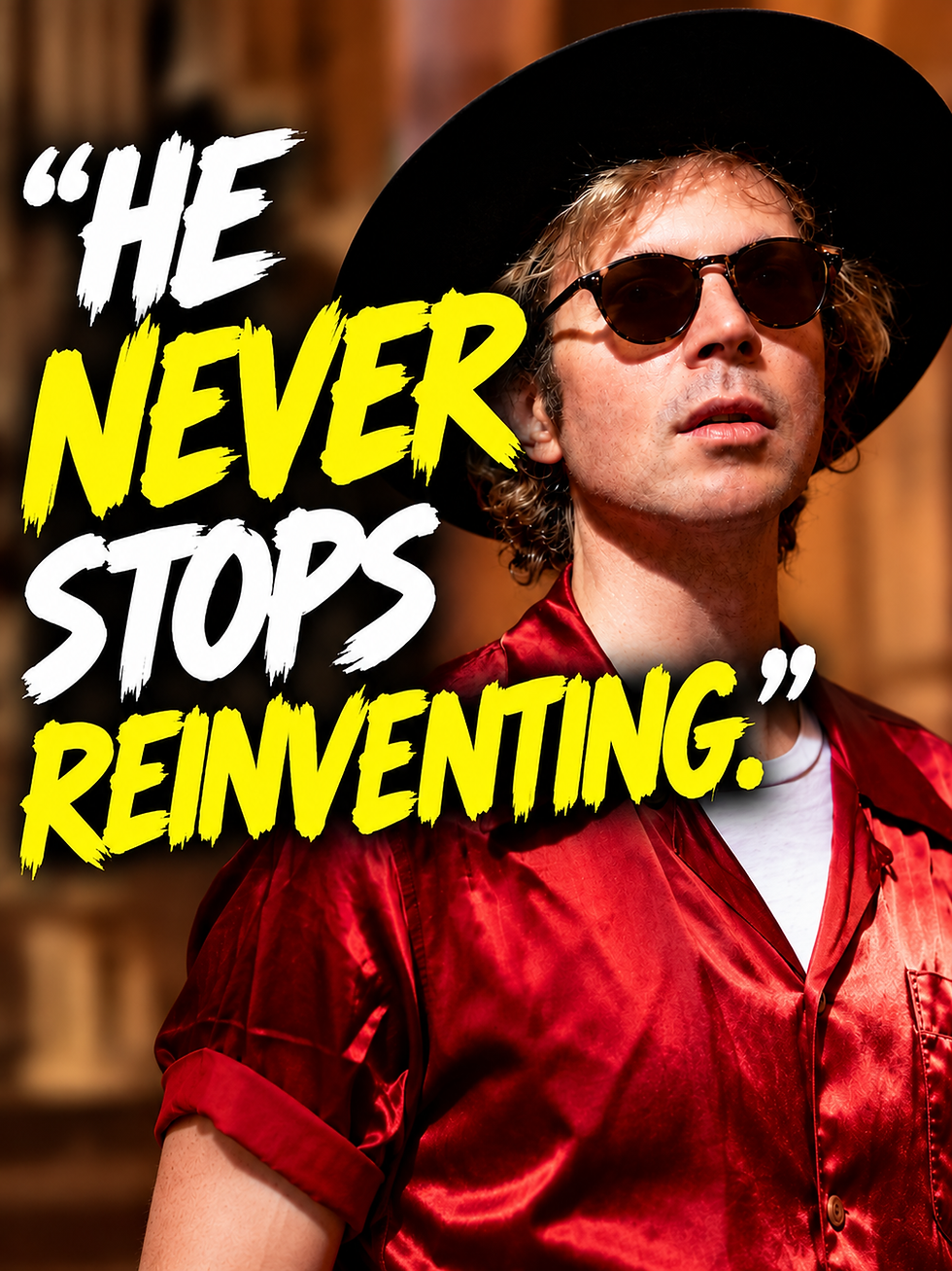Beck wearing sunglasses, a wide-brimmed black hat, and a red shirt, with bold text reading “He Never Stops Reinventing” against a warm blurred background.