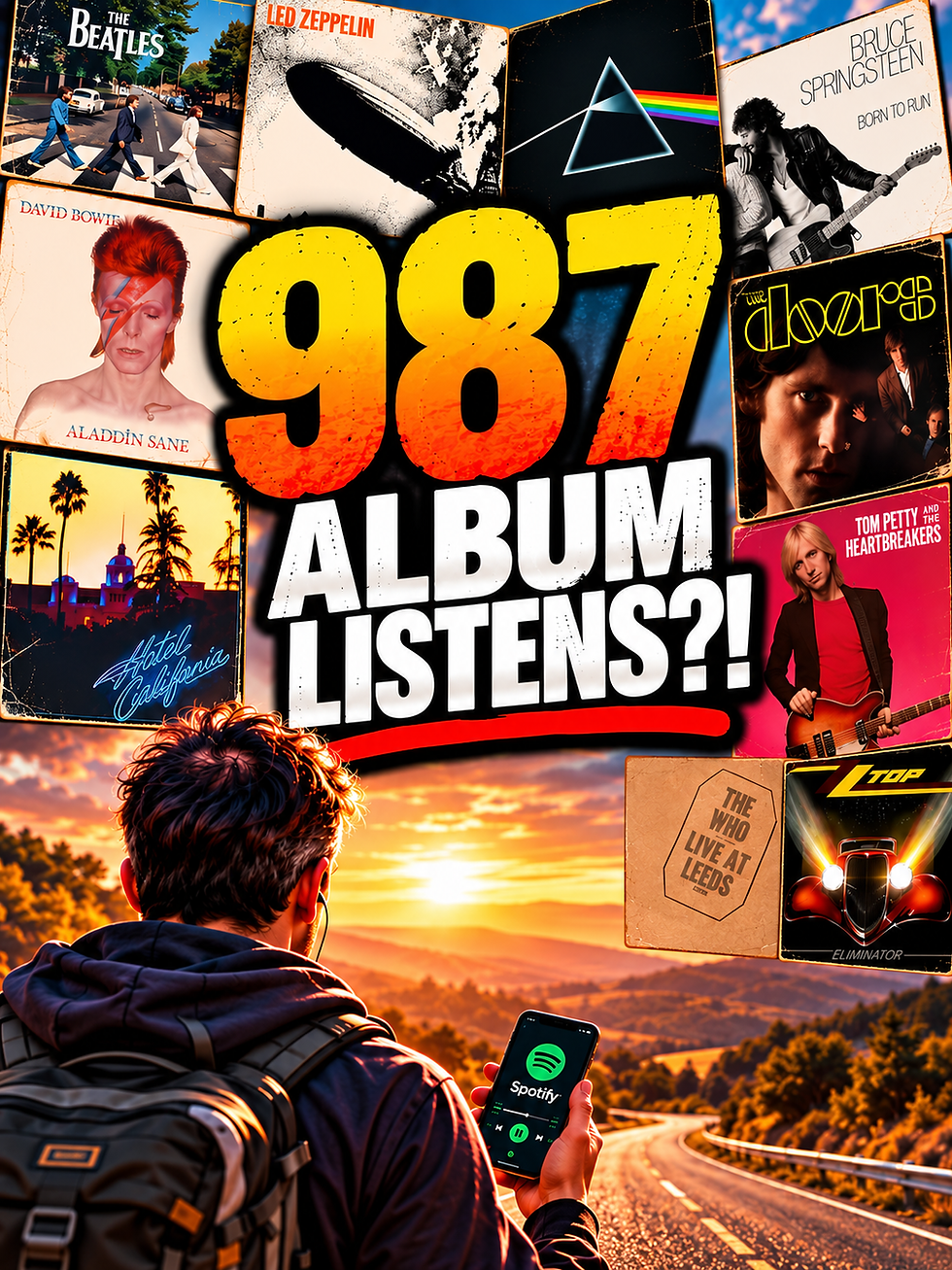 Classic rock album collage featuring covers from Led Zeppelin, The Beatles, Pink Floyd, Bruce Springsteen, The Doors, David Bowie, Eagles, Tom Petty, The Who and ZZ Top surrounding the words “987 Album Listens?!” above a man walking along a scenic road while listening to music.