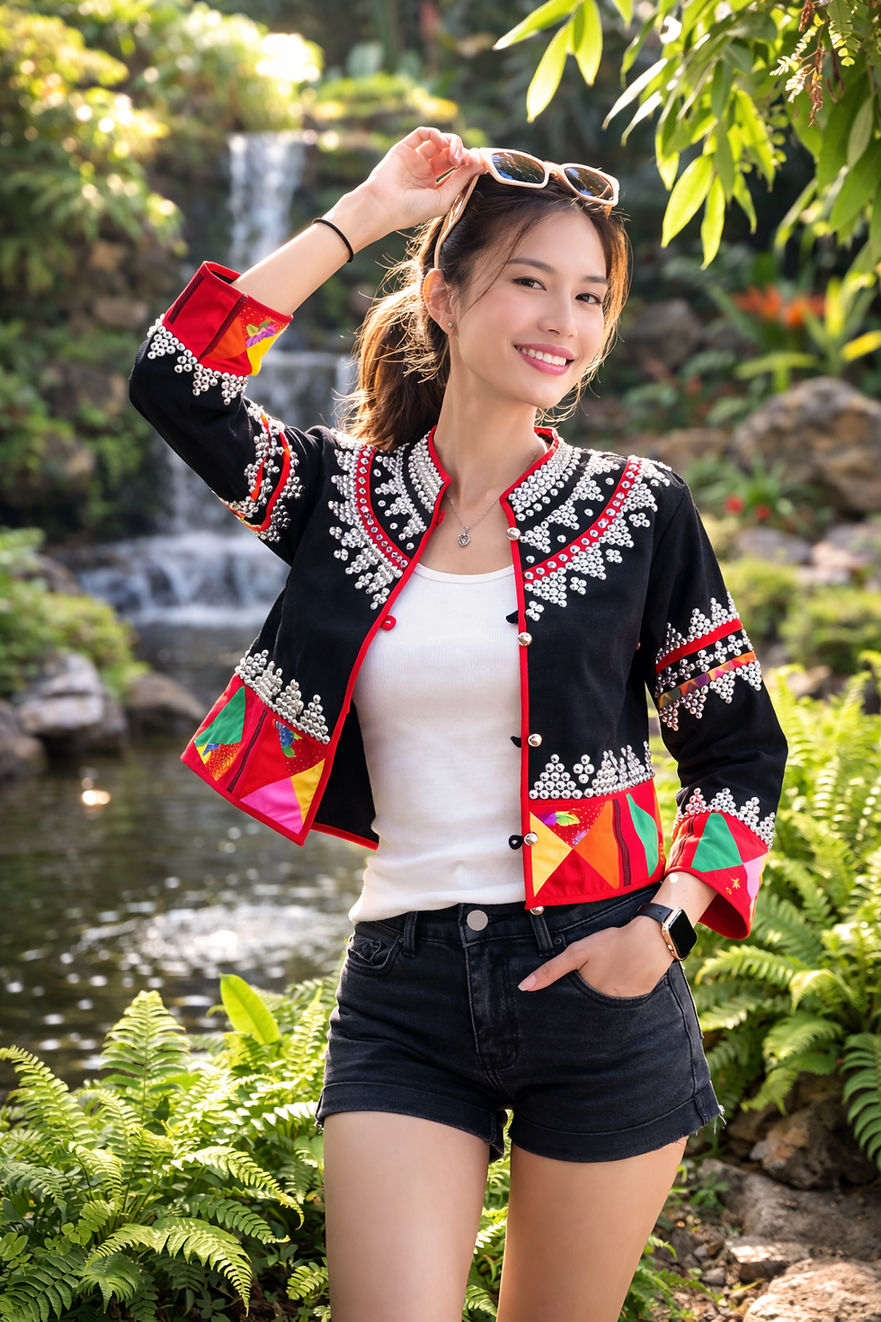 Thumbnail: เสื้อครอปใยกัญชง กระดุมกลาง ปักหมุดสไตล์ลาหู่ แต่งปลายแขน,ชายเสื้อด้วยผ้าลายจิก