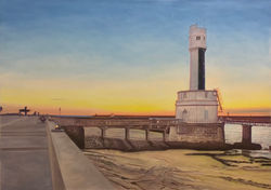 Adour Mündung, Leuchtturm, Abendlicht 100x140cm, Öl Lwd., 2020
