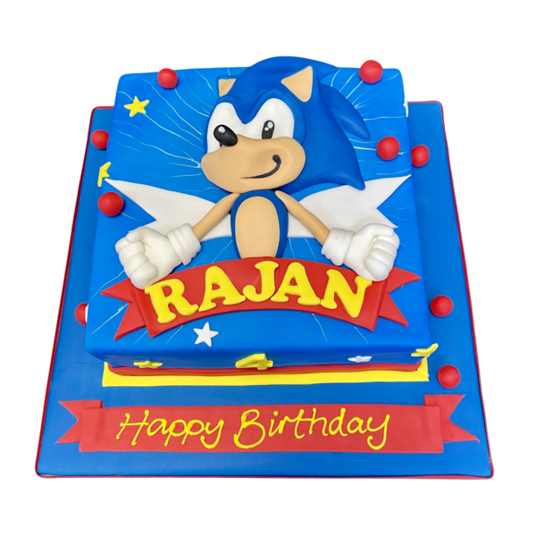 A whimsical and vibrant Sonic-themed cake with fondant decorations and a playful design, perfect for fans of the popular video game character.