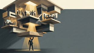 Conceptual editorial illustration of a single leader figure bearing the weight of a multi-level organizational structure where teams collaborate above, unaware — visualizing the invisible cost of leadership self-sacrifice.