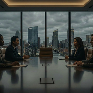 Executive leadership team seated across a modern boardroom table during a high-stakes strategy discussion, with a stormy city skyline visible through large floor-to-ceiling windows, conveying organizational tension, governance pressure, and executive decision-making under uncertainty.
