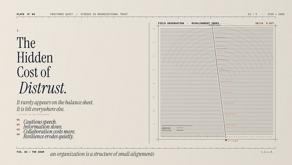 Abstract editorial illustration of organizational distrust, showing a fractured alignment line and hidden cost in a muted executive-style layout.