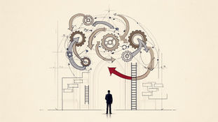 Abstract illustration of a business leader facing a complex system of interconnected gears and directional flows, symbolizing organizational decision-making, structural constraints, and the challenge of navigating authority and accountability.