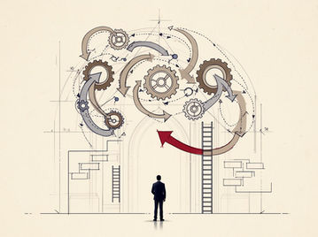 Abstract illustration of a business leader facing a complex system of interconnected gears and directional flows, symbolizing organizational decision-making, structural constraints, and the challenge of navigating authority and accountability.