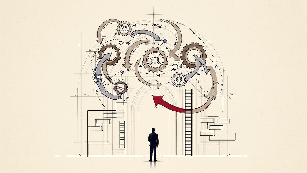 Abstract illustration of a business leader facing a complex system of interconnected gears and directional flows, symbolizing organizational decision-making, structural constraints, and the challenge of navigating authority and accountability.