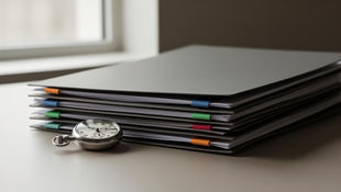 Stack of folders on an executive desk with a stopwatch partially hidden underneath, representing slow decision-making and its impact on strategy execution and organizational alignment.