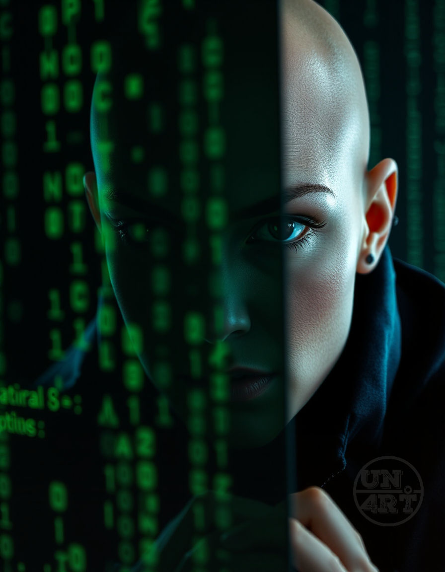 uma mulher careca com o rosto atravessado pelos simbolos da matrix