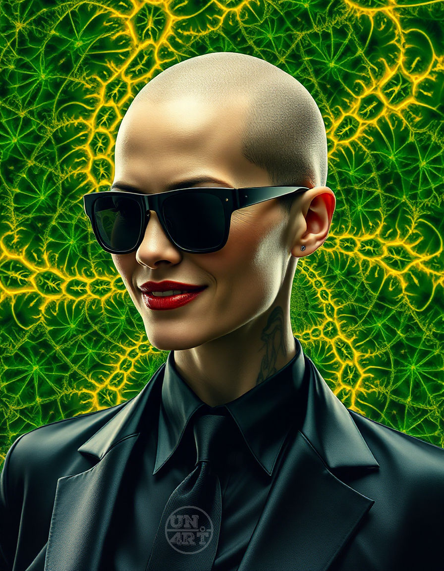 uma mulher careca vestida de terno e gravata usando óculos escuros