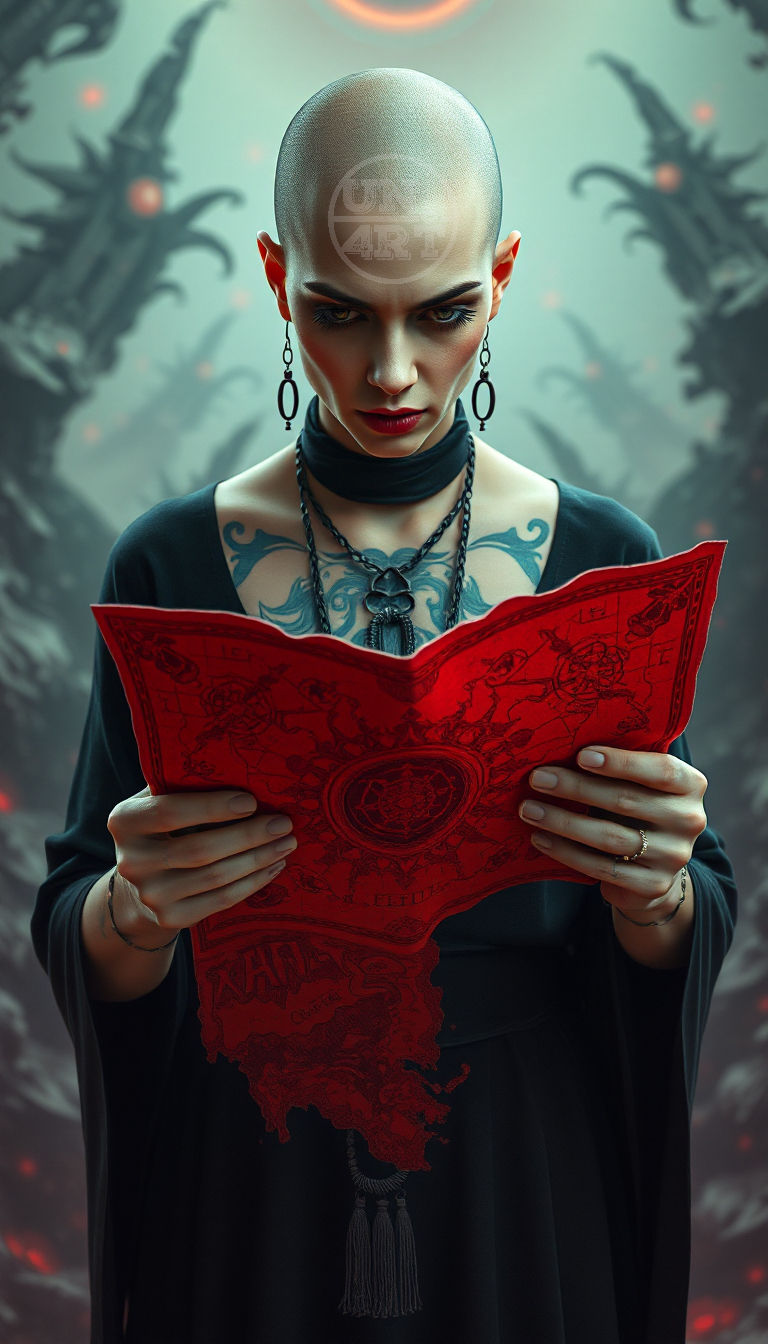 un4rtificial - uma mulher careca vestida de negro segurando um mapa vermelho com desenhos de símbolos aleatórios